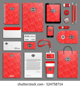 Conjunto de Plantilla de identidad Corporativa brillante rojo. Maqueta de papelería de negocios con logo. Diseño de marca. Fondo geométrico colorido.