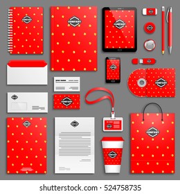 Red bright Corporate identity template set. Business stationery mock-up with logo. Branding design. Colorful geometric background.