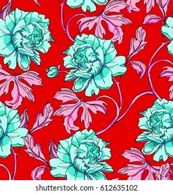 Red bright floral background with blue peonies