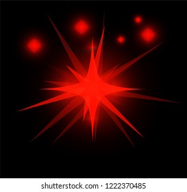 Red bright glowing and shining star flares effect isolated on black 
background. Vector illustration