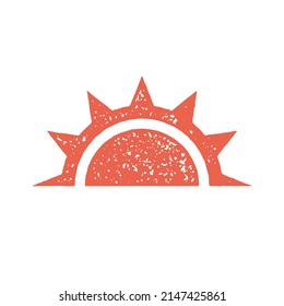 Red bright half sun with shining beams sunrise, sunset symbol decorative design grunge texture vector illustration. Summer epic sunny sky logotype minimalist hand drawn emblem isolated