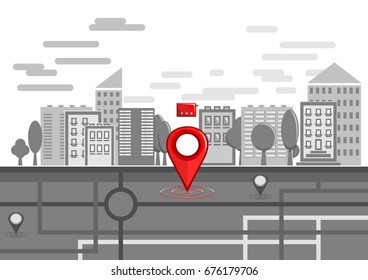 Red bright location pin on the background of a schematically drawn black and white city. City web banner navigation. Map pin on city street. Vector illustration