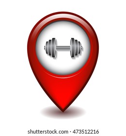 Red bright map pointer icon with dumbbell. Vector illustration