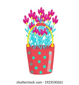
Red bright polka dot bucket filled with daisies, bouquet of daisies, spring flowers, vector illustration in cartoon style, flat.