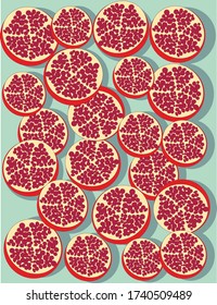 red bright pomegranate slice on menthol background abstract graphic