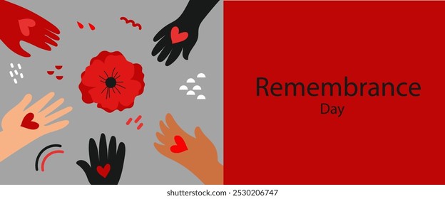 Red bright poppy flower. Memorial Day, Anzac Day. Lest We forget. international symbol of peace.Vector abstract hand drawn line art banner for Remembrance Day. 