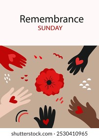 Red bright poppy flower. Memorial Day, Anzac Day. Lest We forget. international symbol of peace.Vector abstract hand drawn line art banner for Remembrance Day. 