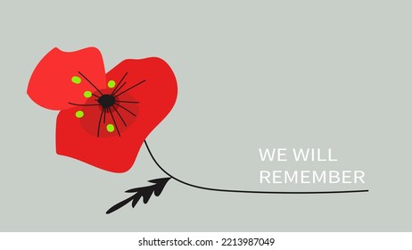 Red bright poppy flower, Vector doodle banner for Remembrance Day, Memorial Day, Anzac Day.