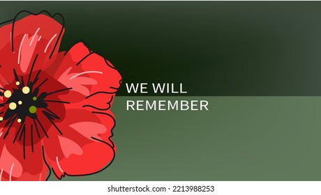 Red bright poppy flower, Vector doodle banner for Remembrance Day, Memorial Day, Anzac Day.