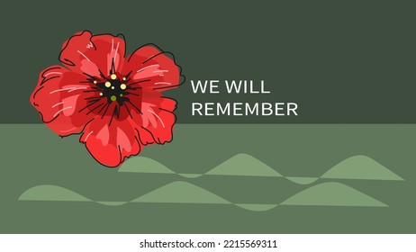 Red bright poppy flower, Vector doodle banner for Remembrance Day, Memorial Day, Anzac Day.