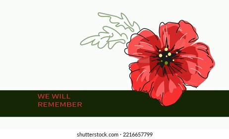 Red bright poppy flower, Vector doodle banner for Remembrance Day, Memorial Day, Anzac Day.