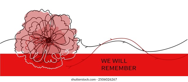 Red bright poppy flower.  Vector hand drawn  line art banner for Remembrance Day.  Memorial Day, Anzac Day.  Lest We forget. international symbol of peace. 