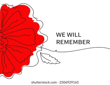 Red bright poppy flower.  Vector hand drawn  line art banner for Remembrance Day.  Memorial Day, Anzac Day.  Lest We forget. international symbol of peace. 