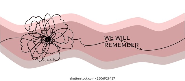 Red bright poppy flower.  Vector hand drawn  line art banner for Remembrance Day.  Memorial Day, Anzac Day.  Lest We forget. international symbol of peace. 