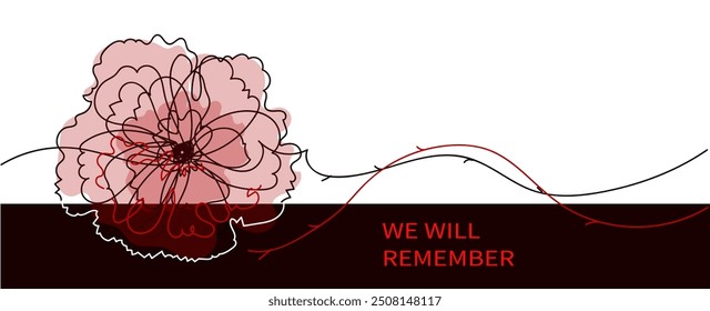 Red bright poppy flower.  Vector hand drawn  line art banner for Remembrance Day.  Memorial Day, Anzac Day.  Lest We forget. international symbol of peace. 