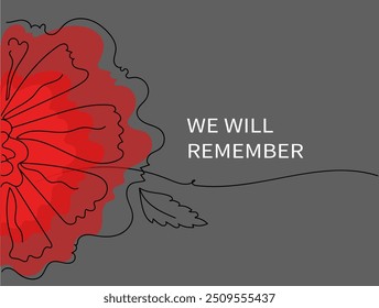 Red bright poppy flower.  Vector hand drawn  line art banner for Remembrance Day.  Memorial Day, Anzac Day.  Lest We forget. international symbol of peace. 