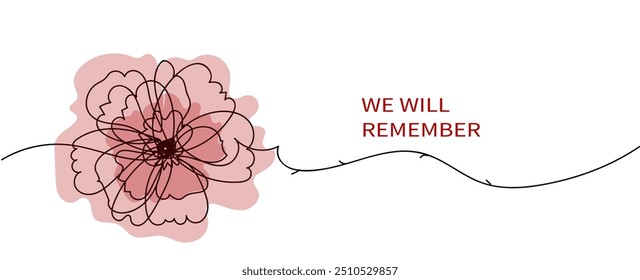 Red bright poppy flower.  Vector hand drawn  line art banner for Remembrance Day.  Memorial Day, Anzac Day.  Lest We forget. international symbol of peace. 