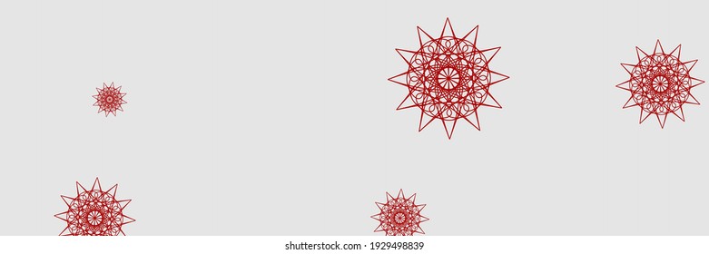 Red Bright Print White Snow Ornament. Snowflakes Winter Silver Holiday Composition. Santa Holiday Ornamental Christmas Chaotic Sky Wallpaper. Horizontal Grey New Year Stars Mandala Background.
