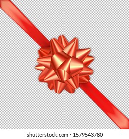 Red bright satin bow with diagonal ribbon on a transparent background, isolated. In the form of packaging, for holiday gift boxes and banners. Vector stock illustration.
