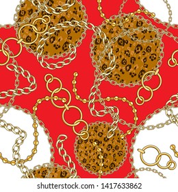 Red bright seamless pattern with golden chain with animal skin background for fabric. Trendy repeating leopard print.