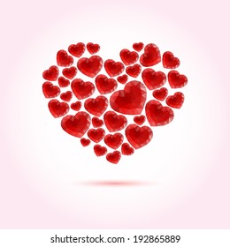 Red bright vector heart made of many abstract polygonal hearts. Love symbol. 