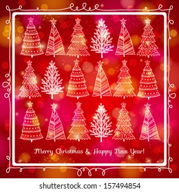 red brightness background with forest of christmas trees, vector illustration