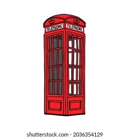 red British telephone booth, an old landmark of the city, a symbol of London, a color vector illustration with black contour lines isolated on a white background in a cartoon and hand drawn style