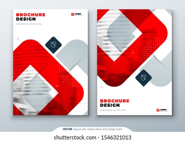 Red Brochure Design. A4 Cover Template for Brochure, Report, Catalog, Magazine. Layout with Bright Color Shapes and Abstract Photo on Background. Modern Brochure concept