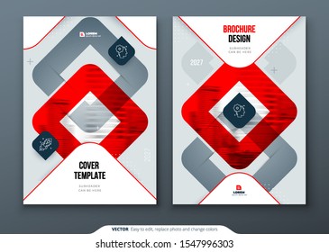 Red Brochure Design. A4 Cover Template for Brochure, Report, Catalog, Magazine. Brochure Layout with Bright Color Shapes and Abstract Photo on Background. Modern Brochure concept
