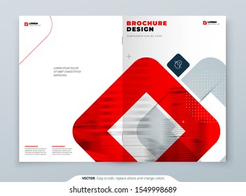 Red Brochure Design. A4 Cover Template for Brochure, Report, Catalog, Magazine. Brochure Layout with Bright Color Shapes and Abstract Photo on Background. Modern Brochure concept