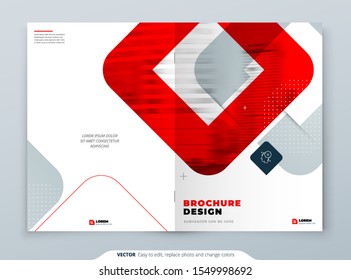 Red Brochure Design. A4 Cover Template for Brochure, Report, Catalog, Magazine. Brochure Layout with Bright Color Shapes and Abstract Photo on Background. Modern Brochure concept