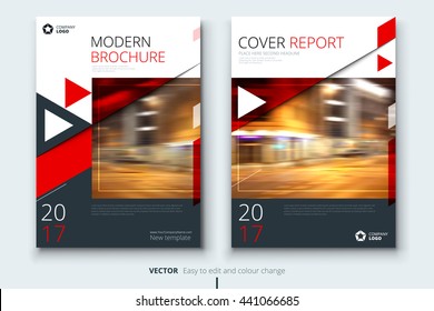 Red Brochure Design. Corporate Business Template For Report, Catalog, Magazine. Layout With Modern Styled Photo And Abstract Triangle Shapes. Creative Presentation, Poster, Flyer Or Banner Concept