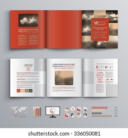 Red brochure template design with creative square shapes. Cover layout and infographics