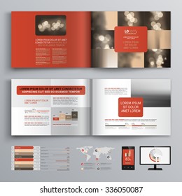 Red brochure template design with creative square shapes. Cover layout and infographics