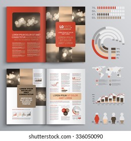 Red brochure template design with creative square shapes. Cover layout and infographics