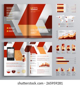 Red brochure template design with diagonal shapes. Cover layout and infographics