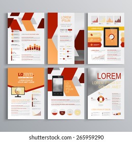 Red brochure template design with diagonal shapes. Cover layout and infographics