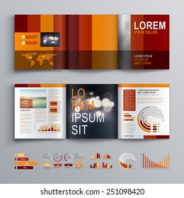 Red brochure template design with orange vertical shapes. Cover layout and infographics