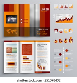 Red brochure template design with orange vertical shapes. Cover layout and infographics