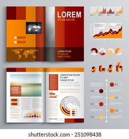 Red brochure template design with orange vertical shapes. Cover layout and infographics