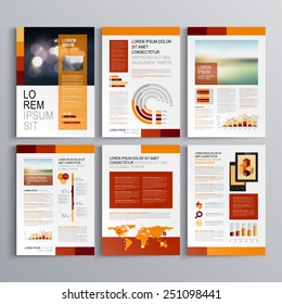 Red brochure template design with orange vertical shapes. Cover layout and infographics