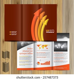 Red brochure template design with orange arrows. Cover layout
