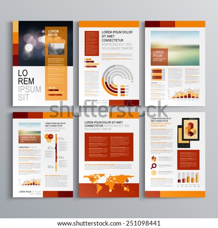 Red brochure template design with orange vertical shapes. Cover layout and infographics