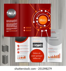 Red brochure template design with round digital elements. Cover layout