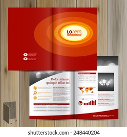 Red brochure template design with yellow round elements. Cover layout