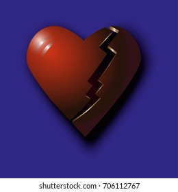 Red broken 3d heart on a purple background