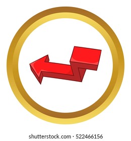 Red broken arrow vector icon in golden circle, cartoon style isolated on white background
