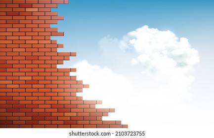 Rot gebrochene Ziegelwand mit Loch und Himmel mit Wolken im Hintergrund. Vektorgrafik