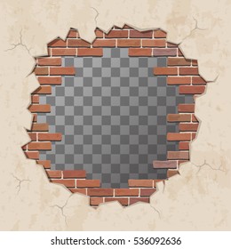 Red broken brick wall with hole. Shabby plaster and shattered brickwork. Vector illustration.