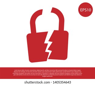 Red Broken or cracked lock icon isolated on white background. Unlock sign. Vector Illustration